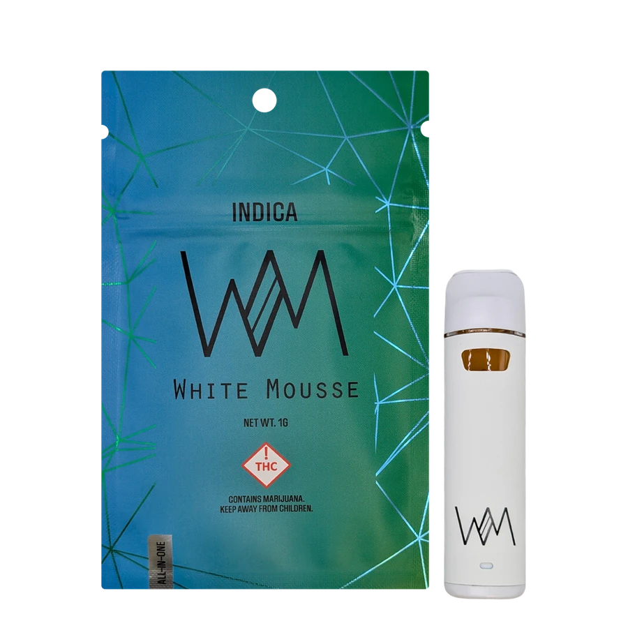 White Mousse Indica live resin AIO — bag and device