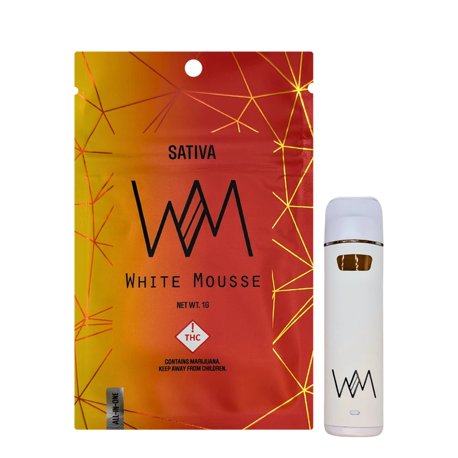 White Mousse Sativa live resin AIO — bag and device
